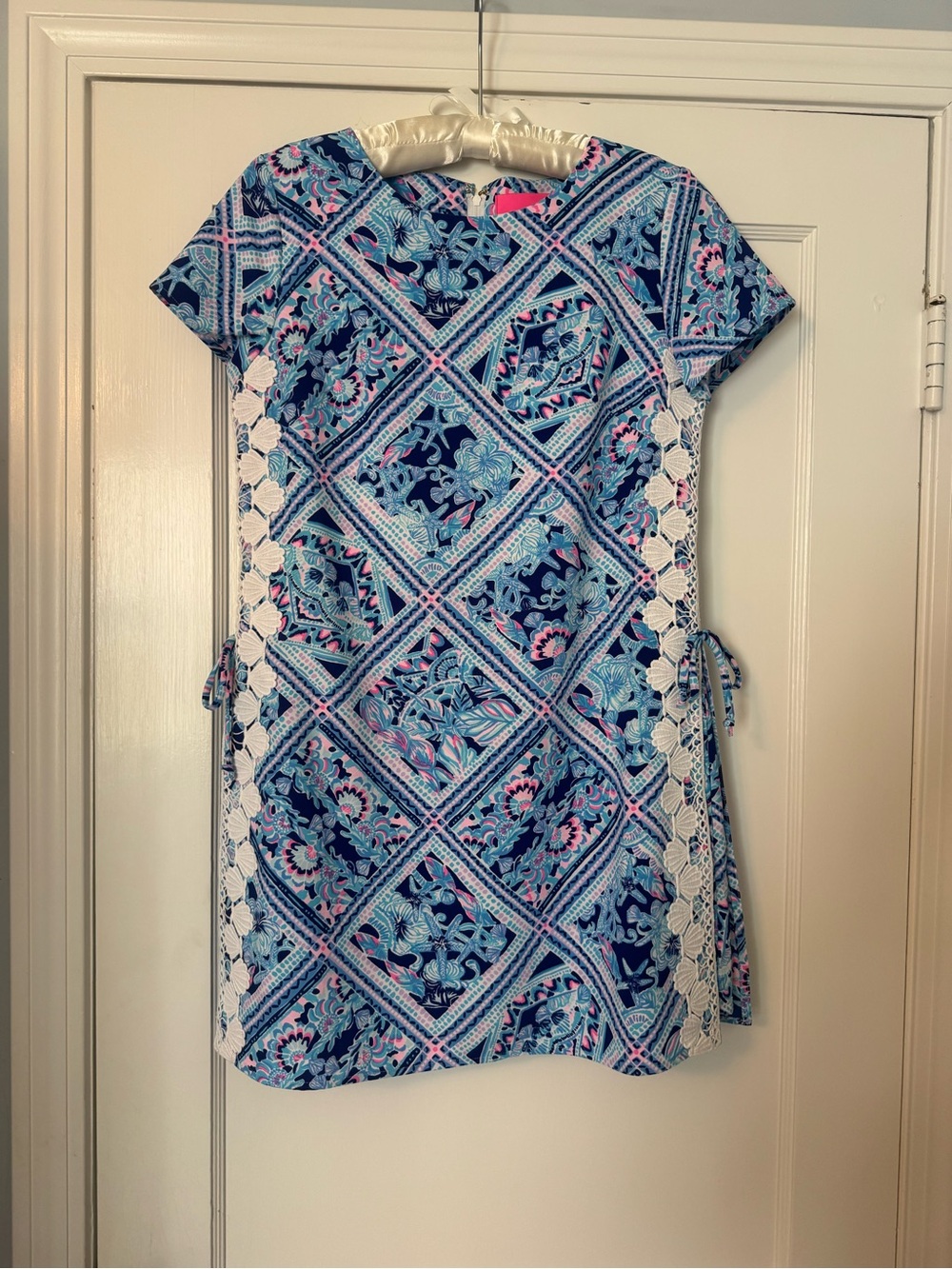 Lily Pulitzer Blue Floral Patchwork Romper with White Lace Side Panels